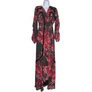 Maternity Dress Blouson Sleeve Maxi Wrap Tie Waist Black Red Floral SIZE 12 NWT